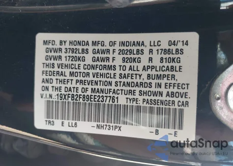 2014 Honda Civic Ex z USA, uszkodzony, nr VIN 19XFB2F89EE237761